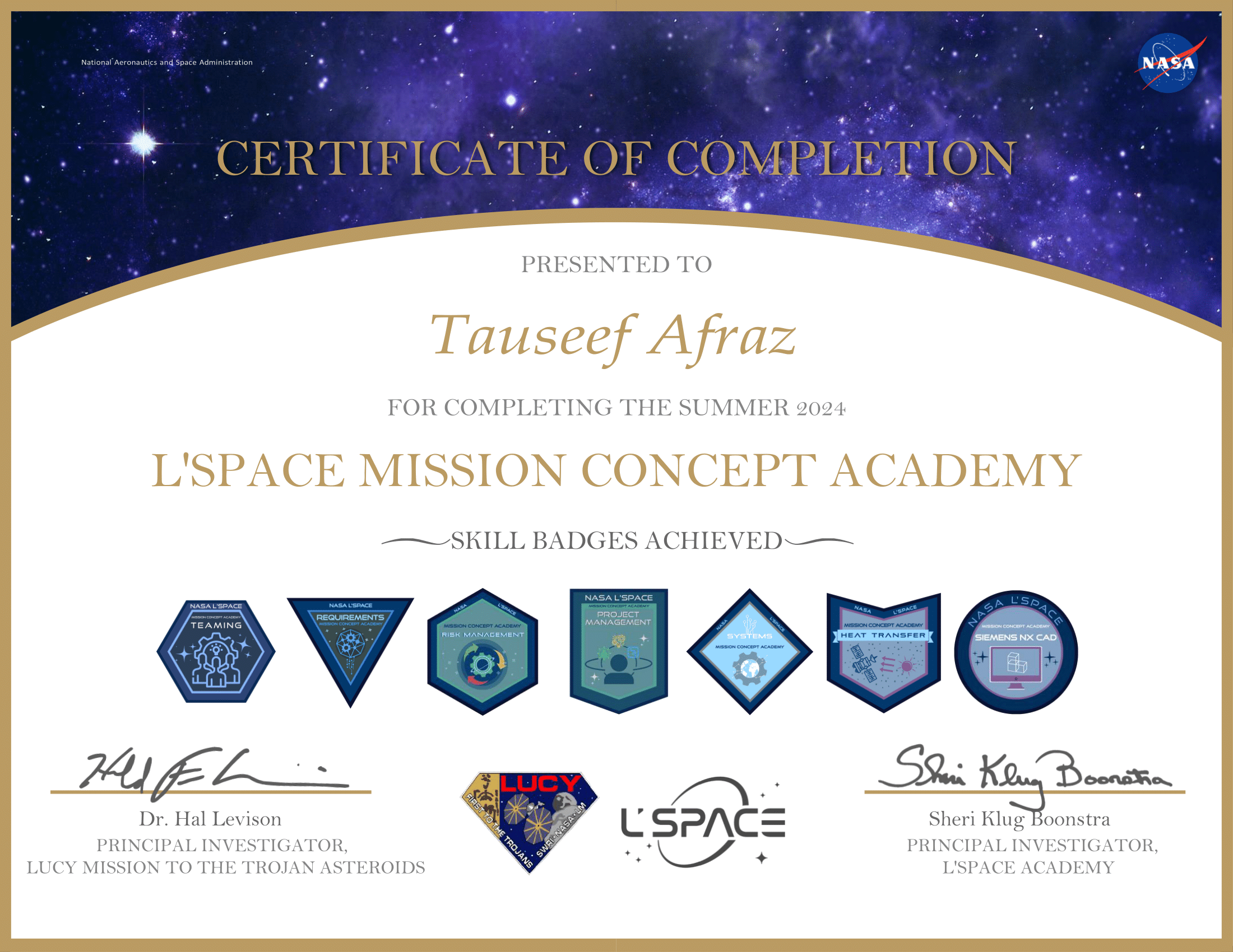 NASA L'SPACE Mission Concept Academy certificate